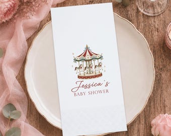 Tovaglioli personalizzati a tema giostra natalizia per baby shower, decorazioni per la tavola delle feste.