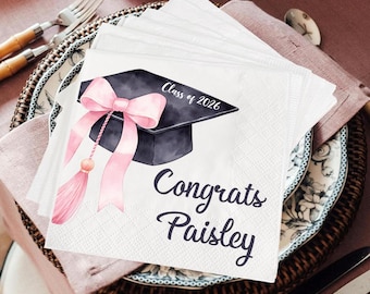 Personalized Graduation Napkins, Pink Bow Grad Party, Class of 2026