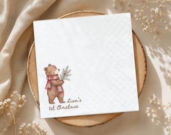 Personalisierte Cocktailservietten für das erste Weihnachtsfest, Teddybär-Servietten für die Feiertage, Tischdekoration für die Babyweihnachtsfeier