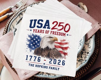 Personalisierte Servietten zum 250. Jahrestag der USA, Gedenkfeier zum Unabhängigkeitstag, Motto in Rot, Weiß und Blau