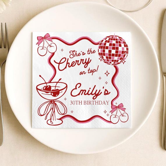 Personalized Birthday Napkins, Cherry on top, Disco Party Decor