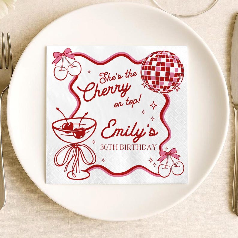 Personalized Birthday Napkins, Cherry on top, Disco Party Decor image 1