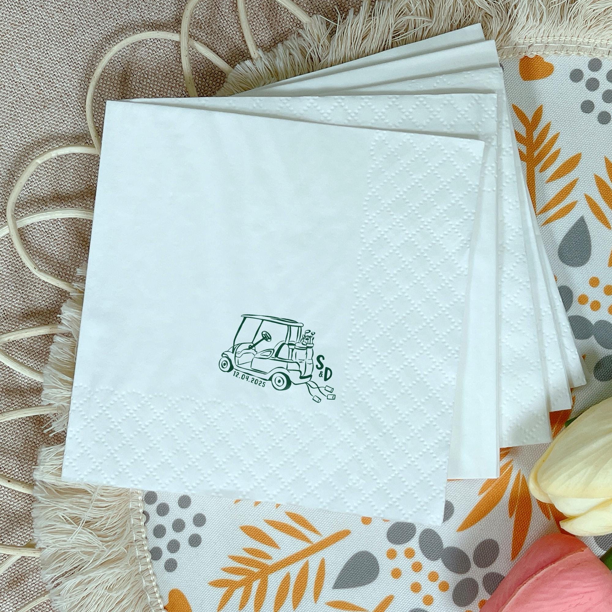 Golf Cart Just Married Car Sketch Cocktail Napkins, Engagement Party, Rehearsal Dinner, Bridal Shower, Golf Theme Wedding Party, Table Decor