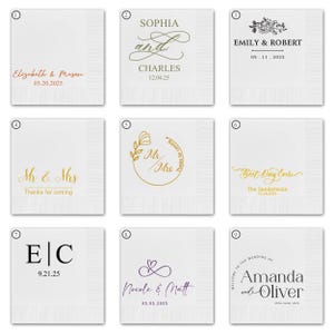 May include: Nine different wedding napkin designs with various text and graphics. The designs include names, dates, and phrases like "Mr. & Mrs." and "Best Day Ever".