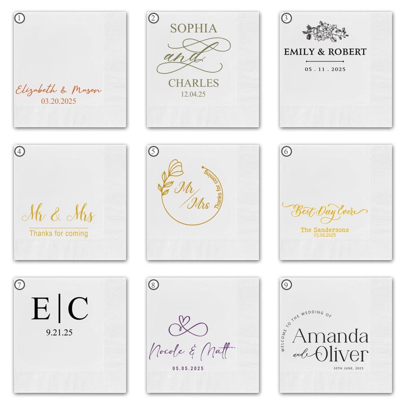 May include: Nine different wedding napkin designs with various text and graphics. The designs include names, dates, and phrases like "Mr. & Mrs." and "Best Day Ever".