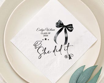 Personalized Graduation Napkins, She Did it, Class of 2026, Black Bow Theme