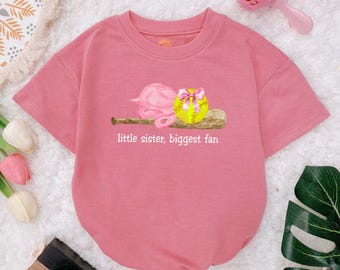 Little Sister Biggest Fan Softball Baby Romper, Game Day Outfits, Girl Softball