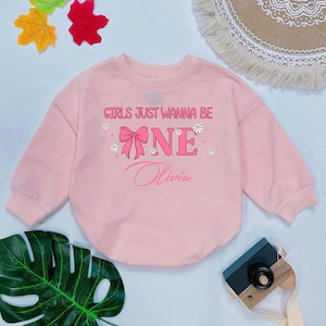 Custom 1st Birthday Romper: Girls Just Wanna Be One, Pink Bow Outfit