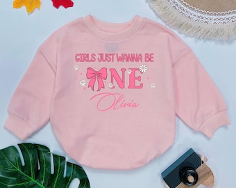 Custom 1st Birthday Romper: Girls Just Wanna Be One, Pink Bow Outfit