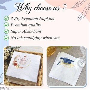 May include: White napkins with custom text for First Holy Communion and Graduation. The napkins are 3-ply, premium quality, and super absorbent. Text on the napkins includes "Olivia's First Holy Communion" and "Class of 2025 Graduation".