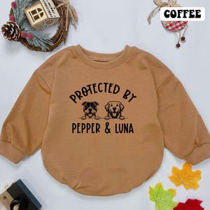 Personalized Protected by Dogs Bubble Romper, New Best Friends  Baby Bodysuit, Dog Name Baby Clothes, Dog Best Friend, Baby shower gift