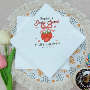 Custom Berry Sweet Baby Shower Napkins, Cute Strawberry Baby Shower, Personalized Baby Name Napkins,  Baby Shower Napkins, Baby Shower Party