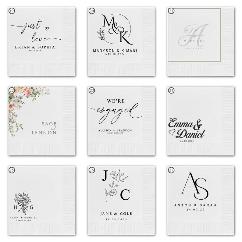 May include: Nine different wedding save the date designs with various fonts, floral illustrations, and initials. The designs include text such as "just love", "we're engaged", "Emma & Daniel", and "Hanni & Gabriel".