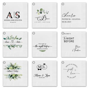 May include: Ten different wedding or engagement designs with greenery and floral accents. The designs include names, dates, and phrases like "Cheers", "Just Love", and "The Night Before".