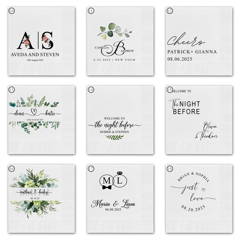 May include: Ten different wedding or engagement designs with greenery and floral accents. The designs include names, dates, and phrases like "Cheers", "Just Love", and "The Night Before".