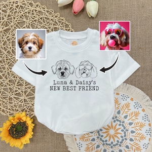 Custom New Best Friends Bubble Romper, Personalized Dog Name Baby Clothes,  Protect by Pet Baby Outfits, Drawing Dog, Baby shower gift