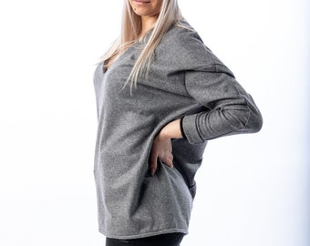 Grey V-Neck Winter Blouse Plus Size Knit Sweater Sustainable Women’s Fashion Cozy Layering Top
