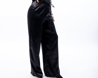 Woman Satin Pants, Long Palazzo Pants, Long Wide Leg , Plus Size Trousers, Elastic Waist With Tie, Black Flared Design, High Quality Fabrics