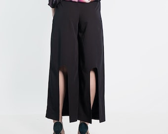 Black Flared Palazzo Pants: High Waist Slit Trousers, Plus Size