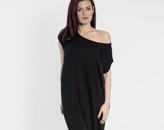 One Shoulder Black Viscose Dress: Asymmetric Plus Size Minimalist Outfit