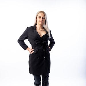 Black Cotton Blazer: Long Tailored Jacket, Sophisticated Office Wear