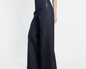 High Waist Wide Leg Jeans: Dark Blue Denim Palazzo Pants