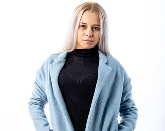 Woman Blue Blazer | Medium Design | Wool Mix Fabric | Two Side Pockets | Plus Size Woman Clothing | Lapel-collar | High Quality Fabric