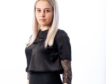 Satin Blouse | Lace Sleeve | Midi Sleeve | Side Slits | Fastening on the back with button | Elegant Black Blouse | Cocktail Blouse | Atelier