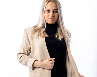 Beige V-Neck Blazer: Women's Chic Office Suit Jacket