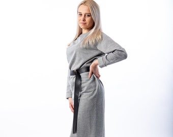 Grey Long Dress, Straight Dress Pattern, Light Fabric, Long Sleeve , Cotton Blend Fabric, Comfy fabrics, Oversized Dress