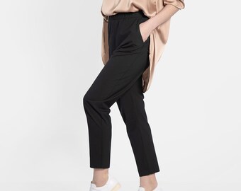 Black Cotton Ankle Pants: Plus Size Work Trousers, Custom Fit