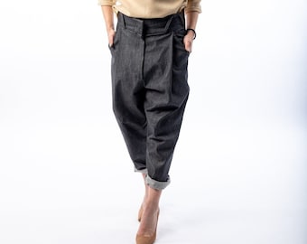 Woman Harem Pants, High-waist, Two Side Pocket, Two Patch Pocked On The Back , Plus Size Clothing, Blue Capri Pants, High Quality Fabrics
