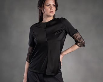 Black Satin Blouse: Lace Sleeve Elegant Cocktail Top