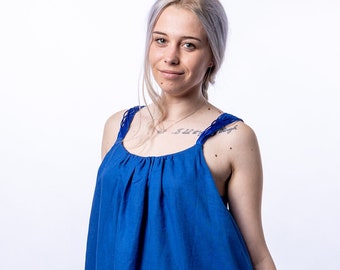 ブルーリネンマキシドレス：ノースリーブのオーバーサイズカフタン、プラスサイズの夏服