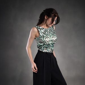 Green Floral Satin Tank Top: Sleeveless Open Back Blouse