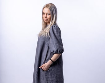 Langes Leinen Kleid, Frau Grau Kleid, Seitenschlitze Kleid, Oversized Kleid, Puffy Ärmel Kleid, Plus Size Frau Kleidung, Umstandskleid