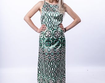 Tank Silk Dress, With Organic Block Printed Indian Fabric, Emerald Green Dress, Long Silk Dress, Side Slit Dress, Green Summer Gown