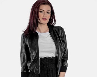 Women Black Bomber Leather Jacket , Faux Leather Jacket, Woman Eco Leather Jacket, Short Jacket, Plus Size Clothing, Vegan Leather