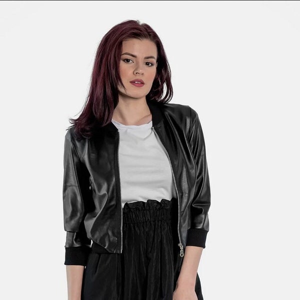 Veste en cuir Bomber noir femme, veste en simili cuir, veste en cuir femme Eco, veste courte, vêtements grande taille, cuir végétalien