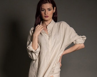 Woman Beige Linen Shirt, Loose Linen Shirt, Cream Linen Tunic, Trendy Side Slits, Flax Shirt Dress, Linen Dress with Side Slits