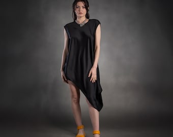 Black Tunic Loose Satin Asymmetric Long Sleeveless Oversize Wide Free Flowing Tunic Top