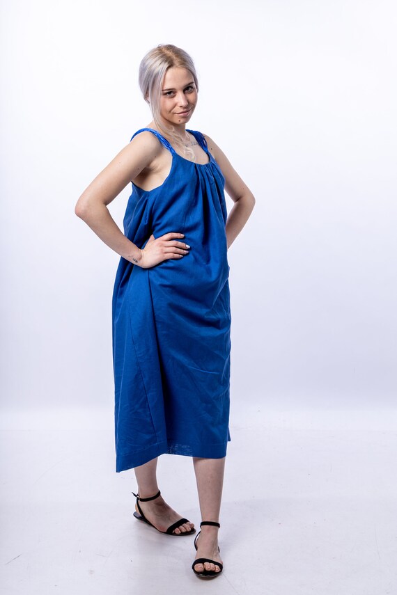 Linen Kaftan Maxi Dress: Coral Blue Organic Boho Summer Outfit Linen Kaftan Maxi Dress: Coral Blue Organic Boho Summer Outfit