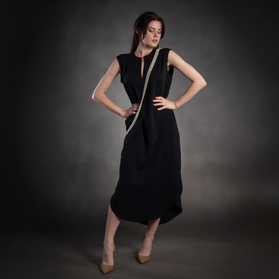 Black V-Neck Recycled Polyester Dress: Sleeveless Midi with Slits