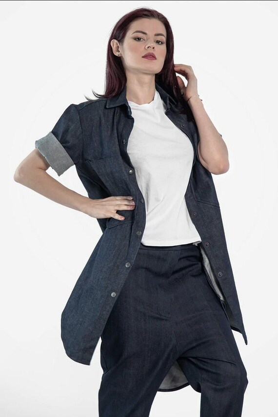 open lace back dress Full Size Button-Front Long Sleeve Denim Shirt Dress Plus Size main image 1