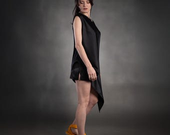 Black Tunic Loose Satin Asymmetric Long Sleeveless Oversize Wide Free Flowing Tunic Top