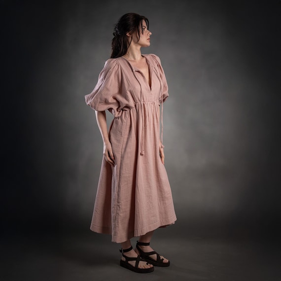 Handmade Beige Muslin Midi Dress, V-Neck Puff Sleeves