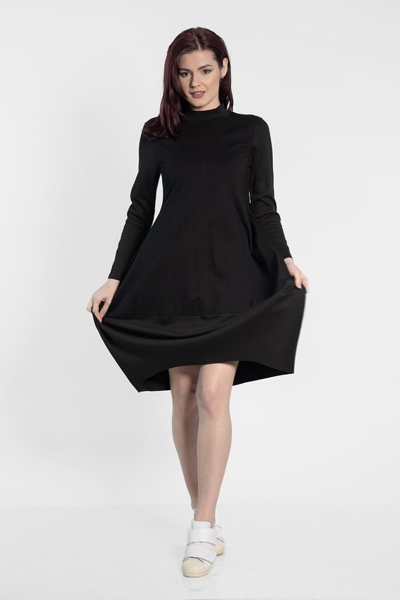 Plus Size Black Tunic Dress: Turtleneck Bell Sleeve Midi Dress