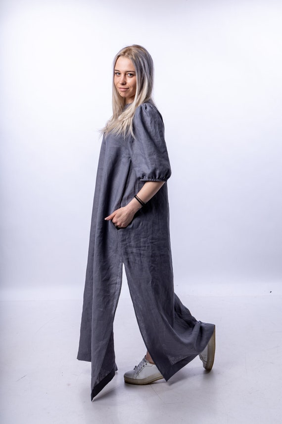 Vestido largo de lino vestido gris mujer vestido con aberturas laterales vestido oversize vestido de manga hinchada ropa de mujer talla grande vestido premama Etsy Mexico
