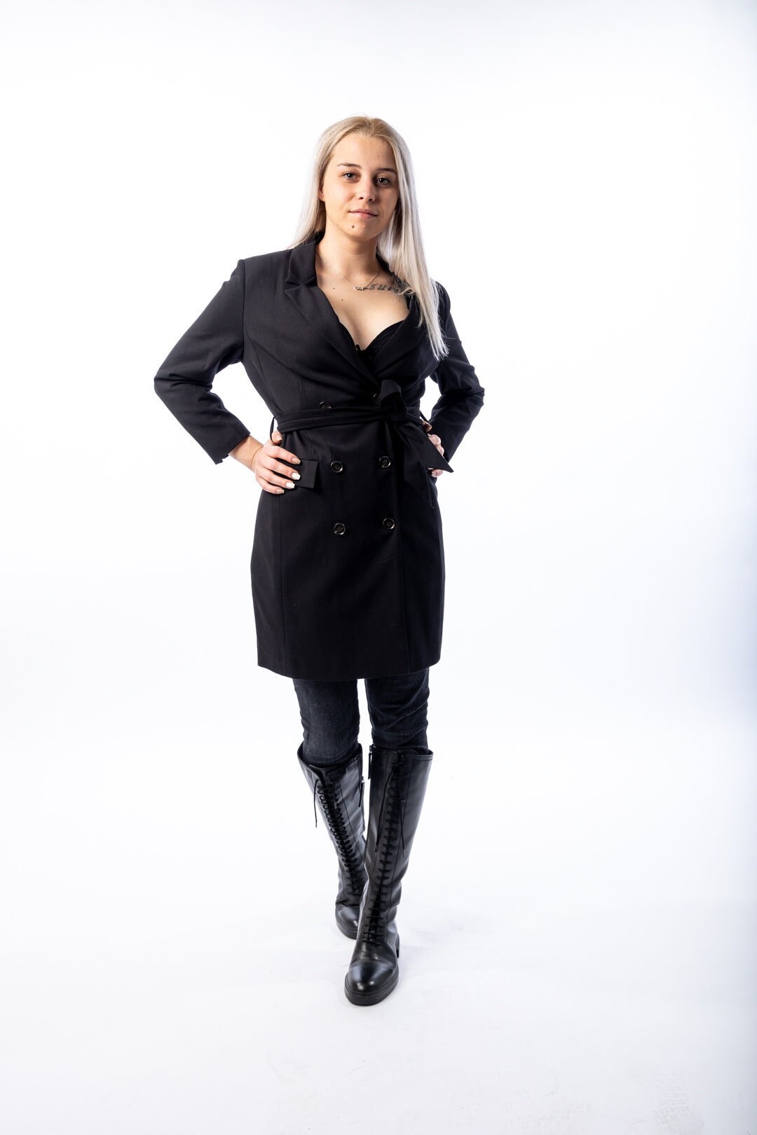 Oversized Black Blazer Dress: Double Breasted Cotton-Polyester Jacket