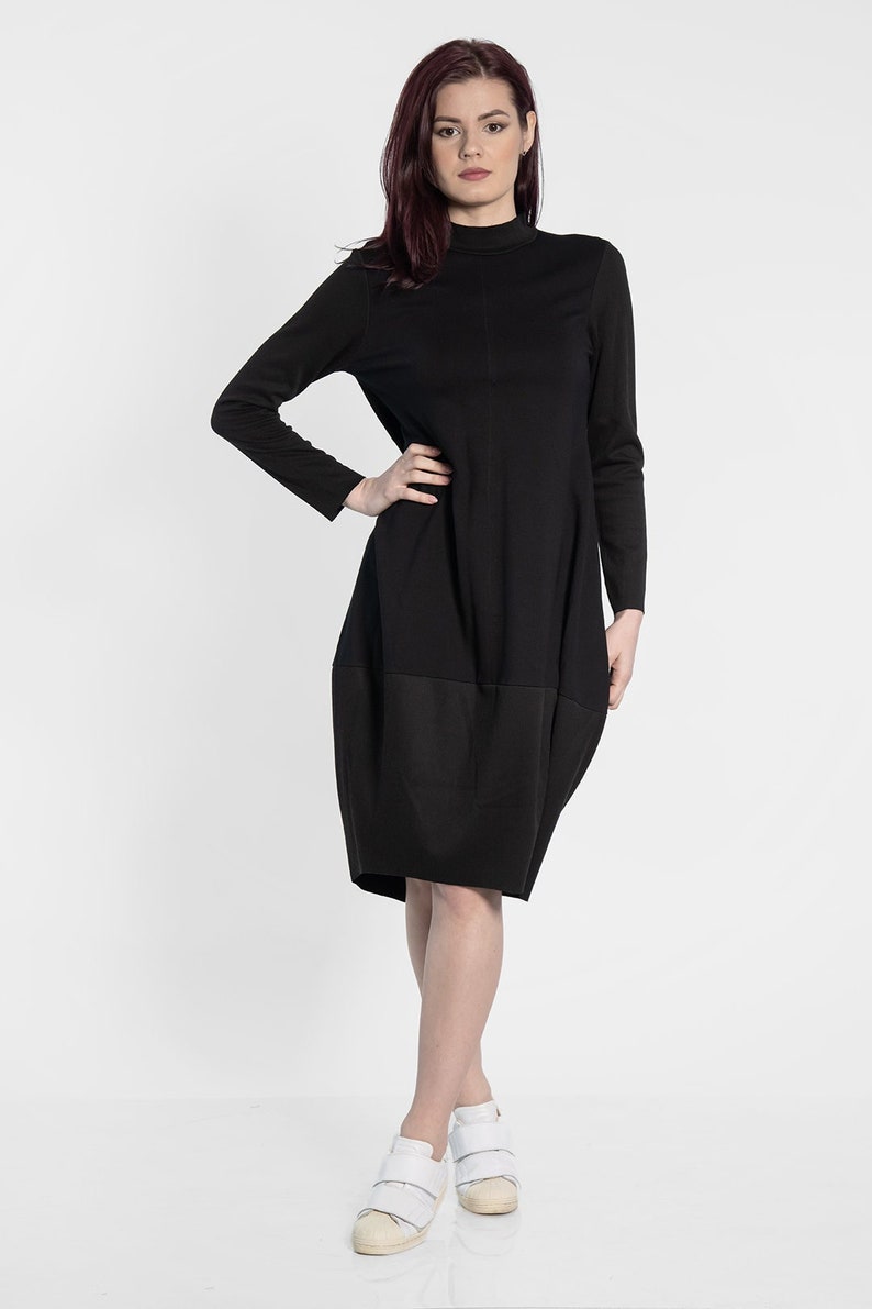 Black Viscose Jersey Minimalist Maxi Long Sleeve Dress, Bell Dress, Midi Dress, High Collar Dress, Cotton Dress, Plus Size Woman Clothing image 1